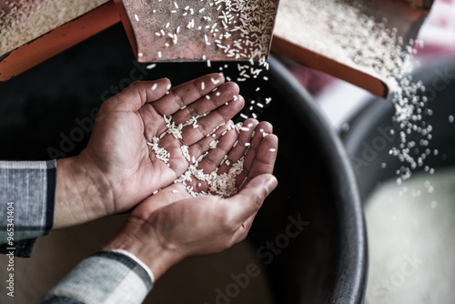 A farmer shows rice being milled using a rice mill on his hand.