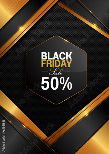 black friday sale 50 percent off black gold background, social media banner template, artwork for marketing department stores, product brand, promotion vertical poster.