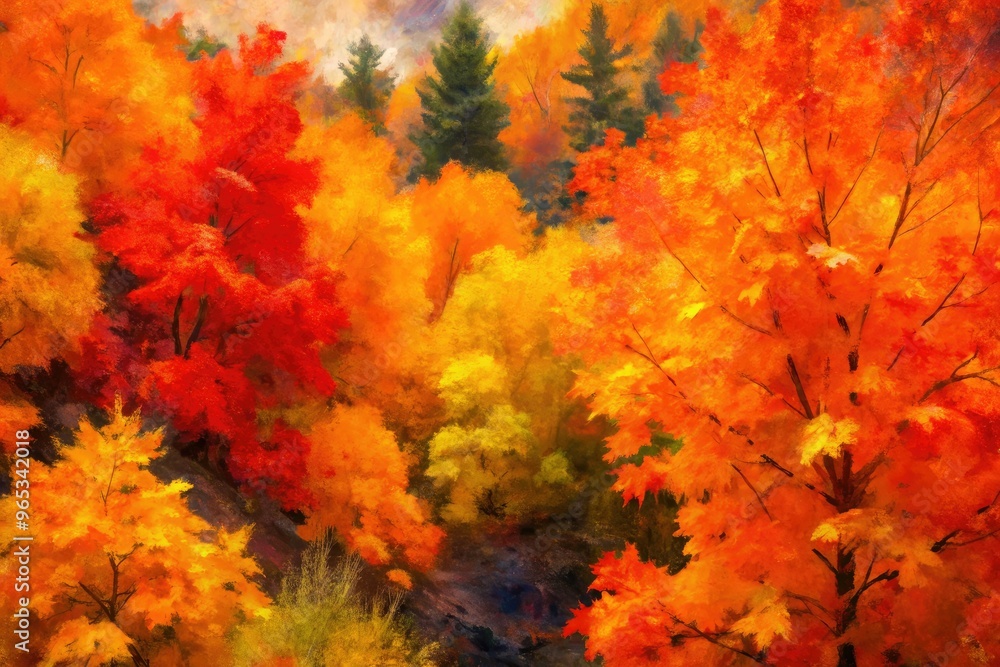 Vibrant fall foliage in soft focus, abstractly rendered in watercolor hues of orange, yellow, and red, with delicate brushstrokes and subtle texture. Vibrant fall foliage in soft focus, abstractly rendered in watercolor hues of orange, yellow, and red, with delicate brushstrokes and subtle texture.