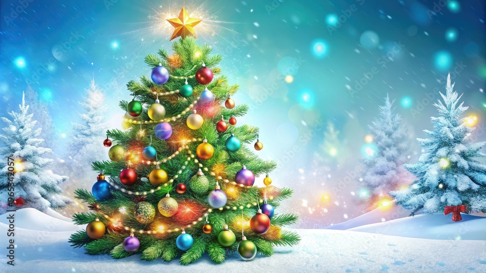 Vibrant, festive, and intricately decorated Christmas tree illustration with multicolored lights, ornaments, and garland, set against a snowy white background with subtle gradient effect. Vibrant, festive, and intricately decorated Christmas tree illustration with multicolored lights, ornaments, and garland, set against a snowy white background with subtle gradient effect.