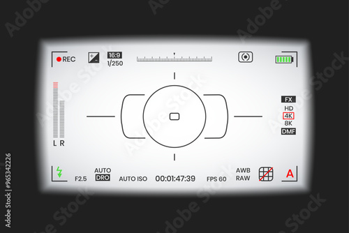 Camera viewfinder video or photo frame recorder flat style design vector illustration. Digital camera viewfinder with exposure settings and focusing grid template.