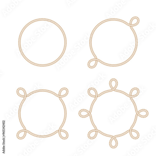 Vector simple set line drawing of a rope tied into a loop. Isolated on white background