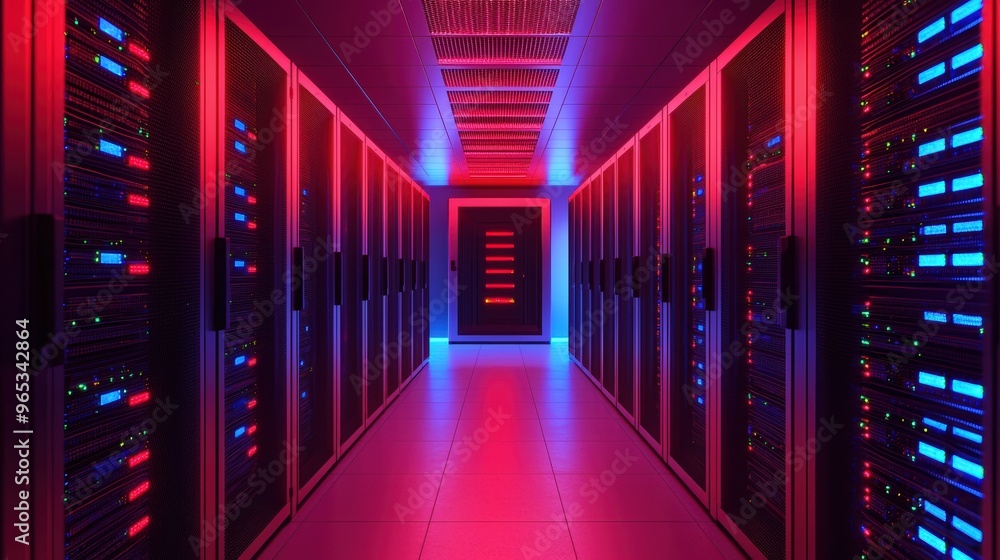 Secure Cyber System - Futuristic Model of Glowing Firewall in Server Room Secure Cyber System - Futuristic Model of Glowing Firewall in Server Room