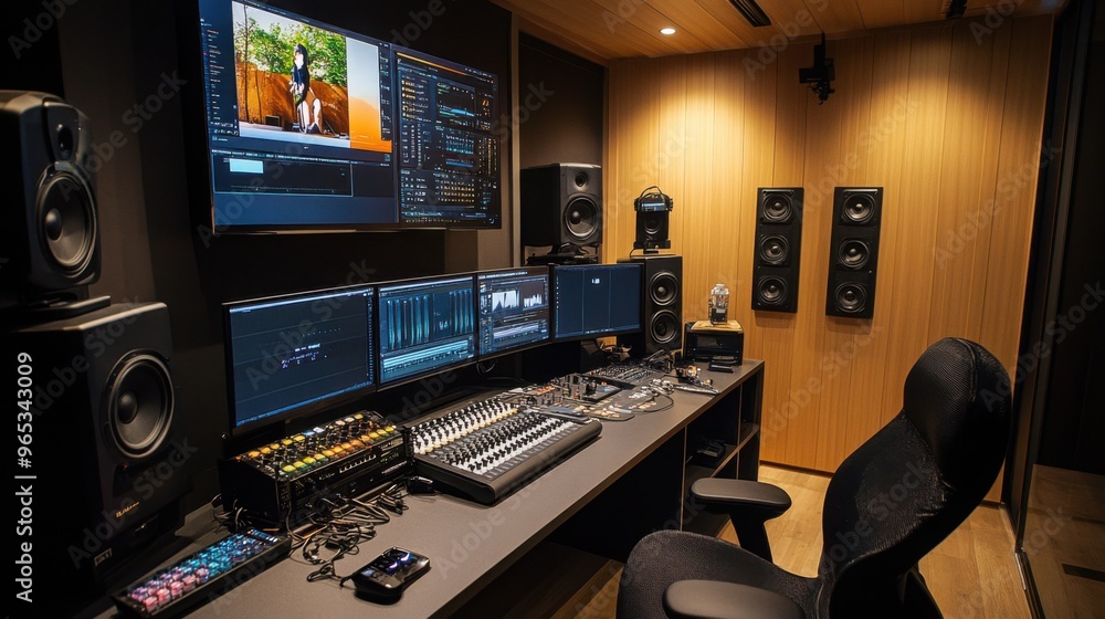 Broadcasting room, mixing console in a music recording studio with monitors Broadcasting room, mixing console in a music recording studio with monitors