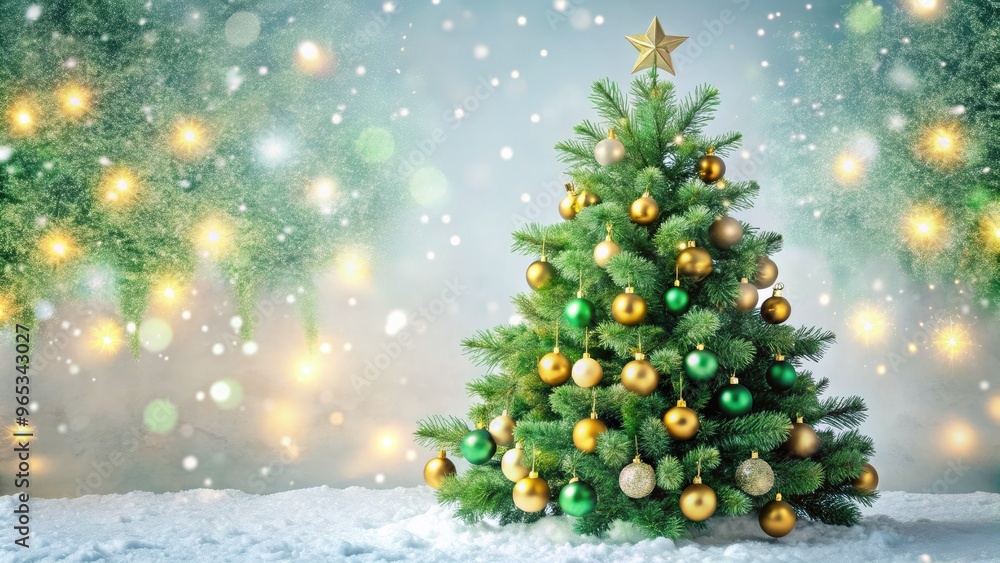Vibrant green Christmas tree with golden ornaments and sparkling fairy lights against a soft, white, snowy background, evoking a sense of festive winter wonderland magic. Vibrant green Christmas tree with golden ornaments and sparkling fairy lights against a soft, white, snowy background, evoking a sense of festive winter wonderland magic.