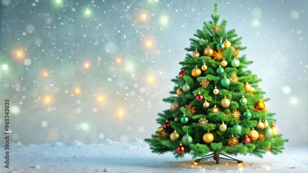 Vibrant green Christmas tree adorned with twinkling lights, ornaments, and garlands stands against a soft, snowy white background, creating a festive and cozy holiday atmosphere. Vibrant green Christmas tree adorned with twinkling lights, ornaments, and garlands stands against a soft, snowy white background, creating a festive and cozy holiday atmosphere.