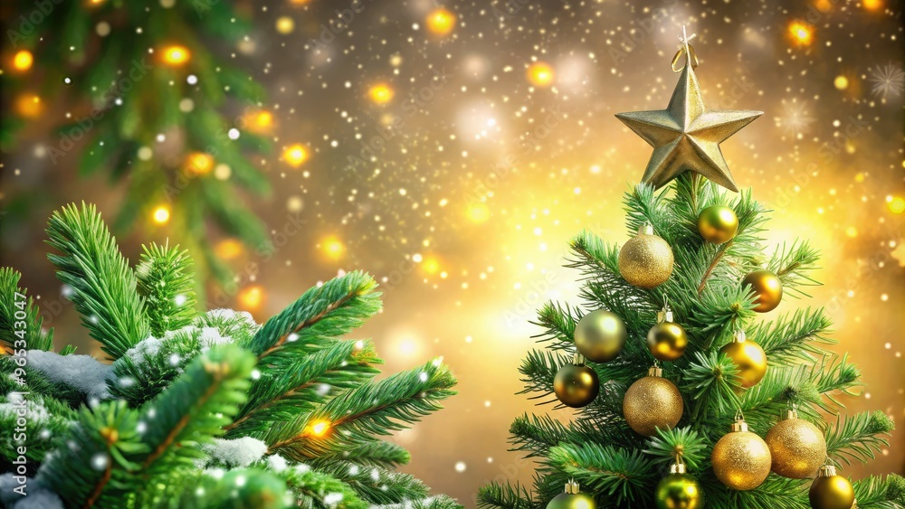 Vibrant green conifer with shiny ornaments, twinkling lights, and a golden star atop, set against a warm, blurred background with snowflakes gently falling. Vibrant green conifer with shiny ornaments, twinkling lights, and a golden star atop, set against a warm, blurred background with snowflakes gently falling.
