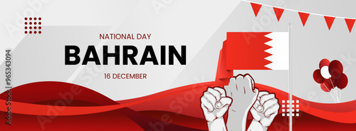 Happy Bahrain National Day. Modern abstract shapes with typography and fist to celebrate national holidays in Bahrain flag colors. Suitable for posters, banners, greeting cards, and much more