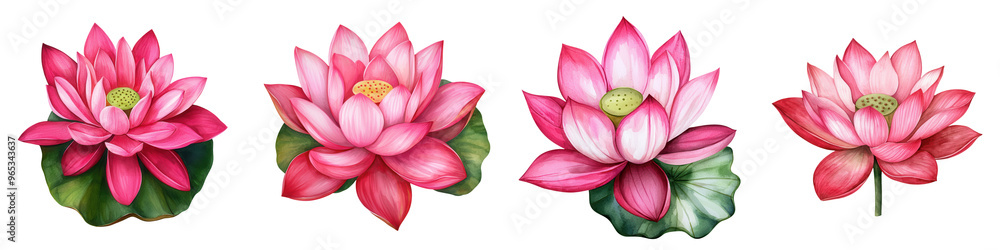 Fototapeta premium A stunning collection of pink lotus flowers showcasing various stages of bloom, ideal for nature-themed designs and artworks.