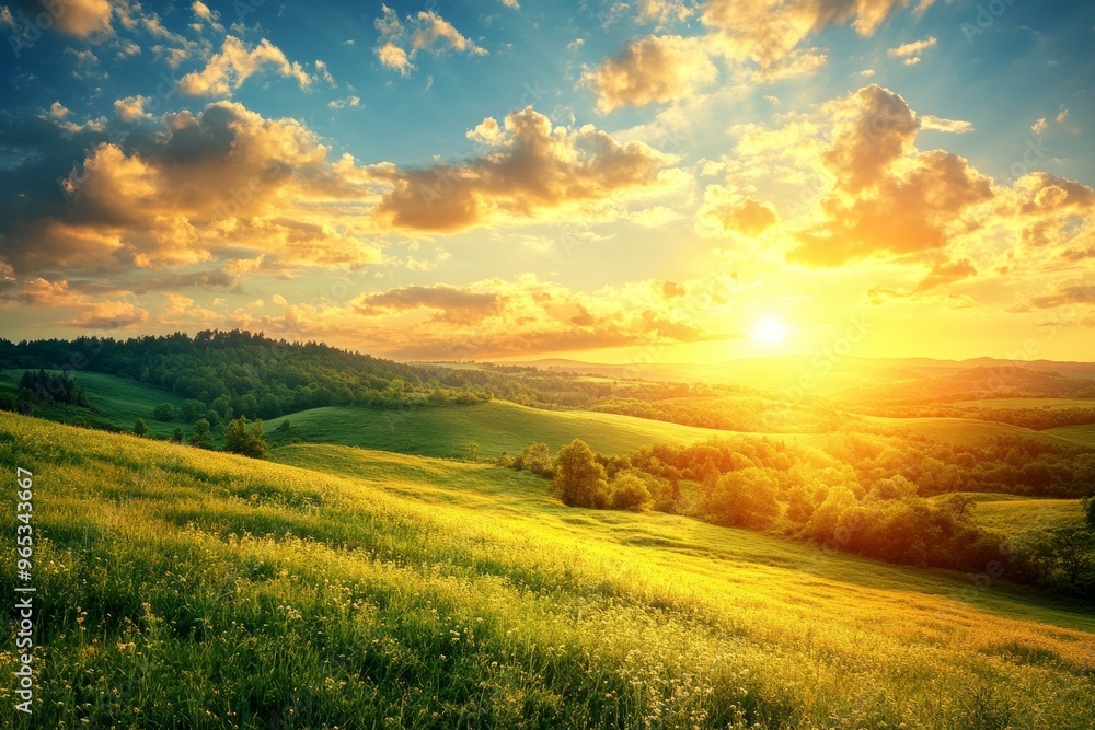 Fototapeta premium Serene Landscape with Vibrant Sky at Sunrise, Ideal for Nature and Travel Themes Generative AI