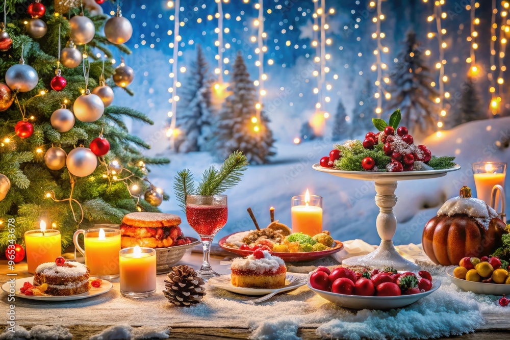 Vibrant holiday scene featuring a decorated table with festive food, drinks, and ornaments, surrounded by twinkling lights and a snowy winter wonderland backdrop. Vibrant holiday scene featuring a decorated table with festive food, drinks, and ornaments, surrounded by twinkling lights and a snowy winter wonderland backdrop.
