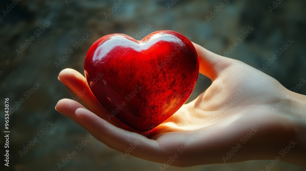 Hand holding a shiny red heart shaped object Hand holding a shiny red heart shaped object