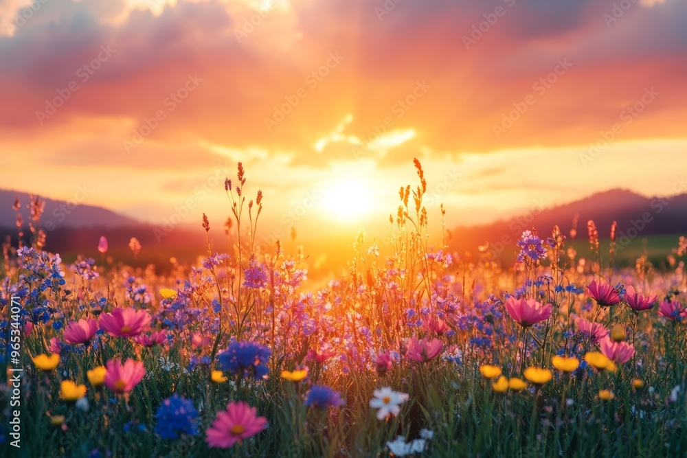 Naklejka premium Warm Sunrise over a Field of Wildflowers with a Dramatic Sky, Perfect for Nature and Landscape Photography Generative AI