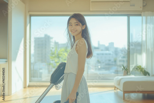 Free Download Woman vacuuming a plush carpet in a cozy living room, ensuring cleanliness and hygiene with modern technology - GFXLoad