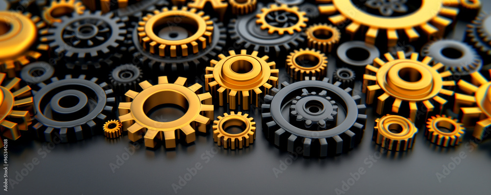 A collection of gears in various sizes and colors. Concept of complexity and precision, as each gear is intricately designed and placed in a pattern. The combination of black A collection of gears in various sizes and colors. Concept of complexity and precision, as each gear is intricately designed and placed in a pattern. The combination of black