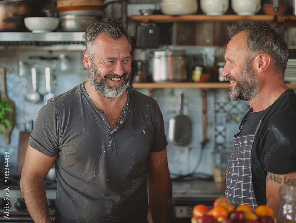 Two bearded middle-aged men laughing in a cozy kitchen. Warm lighting, rustic shelves with kitchenware. Two bearded middle-aged men laughing in a cozy kitchen. Warm lighting, rustic shelves with kitchenware.