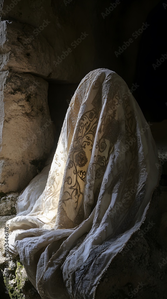 White Fabric Draped in a Dark Cave with Stone Walls White Fabric Draped in a Dark Cave with Stone Walls