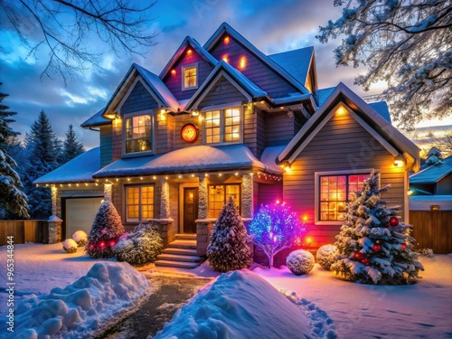 Vibrant multicolored Christmas lights adorn a quaint suburban house at dusk, with snowflakes gently falling, casting a magical holiday ambiance on a serene winter evening. photo