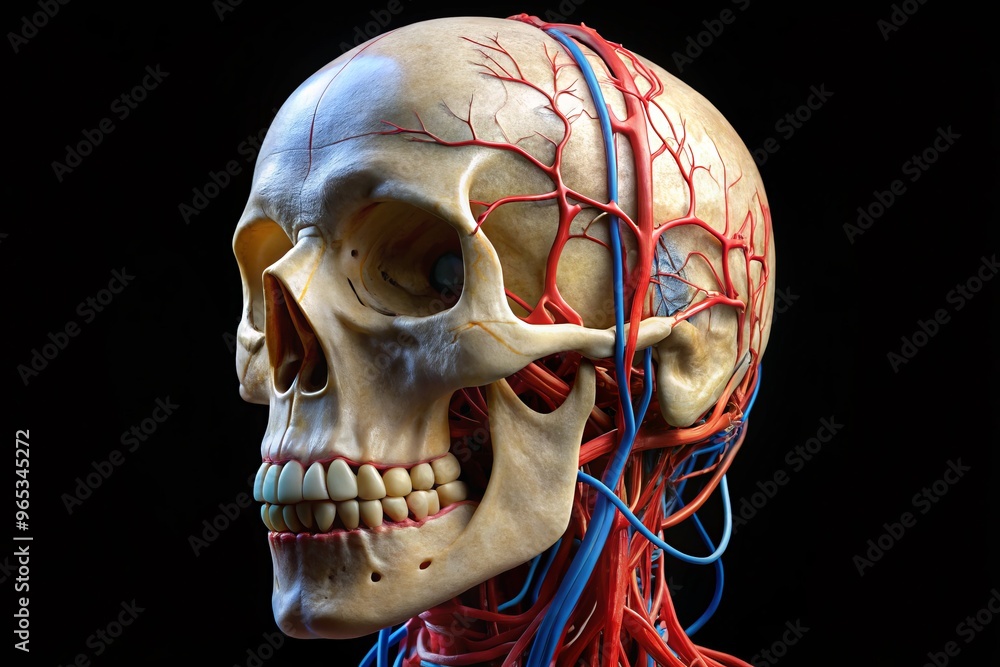 The human skull features an exposed foramen containing the carotid artery and nerves, accompanied by a styloid process and jugular fossa. The human skull features an exposed foramen containing the carotid artery and nerves, accompanied by a styloid process and jugular fossa.