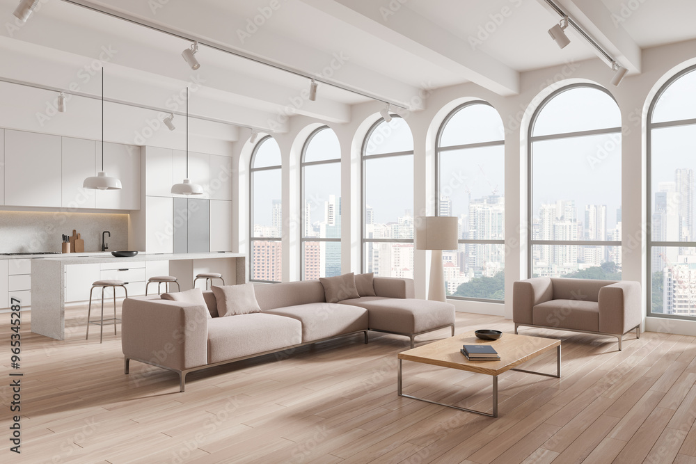 Fototapeta premium Modern kitchen and living room interior with city view. 3D Rendering