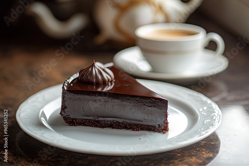 A rich dark chocolate espresso torte with a glossy ganache topping, served with a cup of coffee