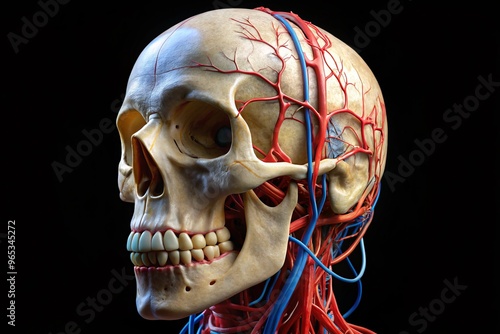 The human skull features an exposed foramen containing the carotid artery and nerves, accompanied by a styloid process and jugular fossa. photo