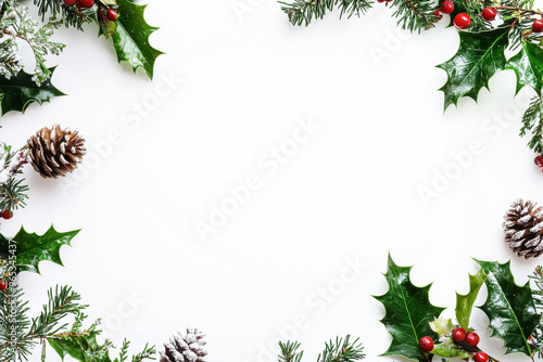 Festive Christmas Frame: Decorative Greenery and Red Berries on Blank Background. 