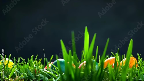 Colorful Easter eggs hidden in vibrant green grass during a sunny spring day celebration