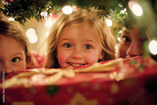 Peeking at Christmas Gifts. Young children excitedly peering over a gift-wrapped box under a festive tree.
 photo