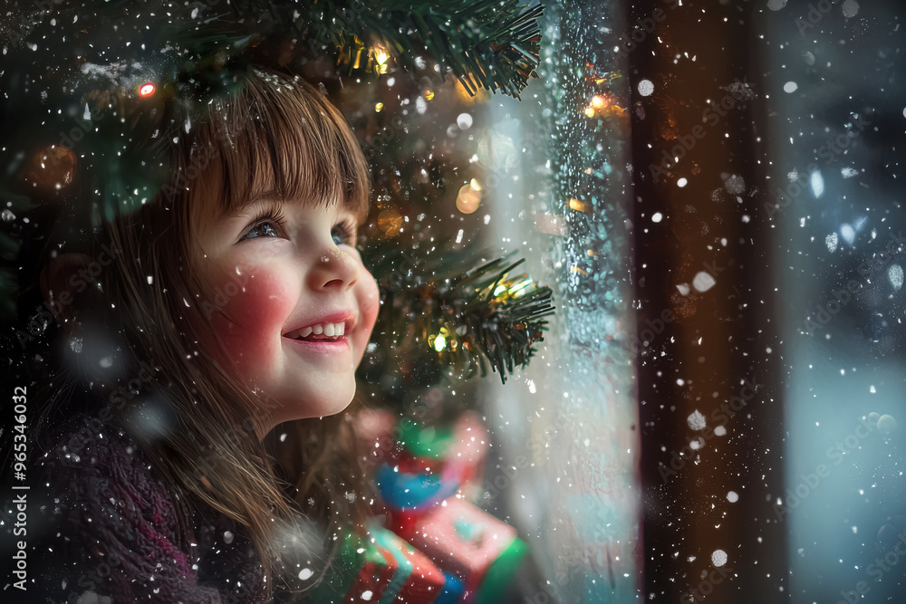 Christmas Magic in a Child's Eyes. A young Caucasian girl with light skin and brown hair, gazing in awe at Christmas lights, her face glowing with joy.
Christmas Magic in a Child's Eyes. A young Caucasian girl with light skin and brown hair, gazing in awe at Christmas lights, her face glowing with joy.