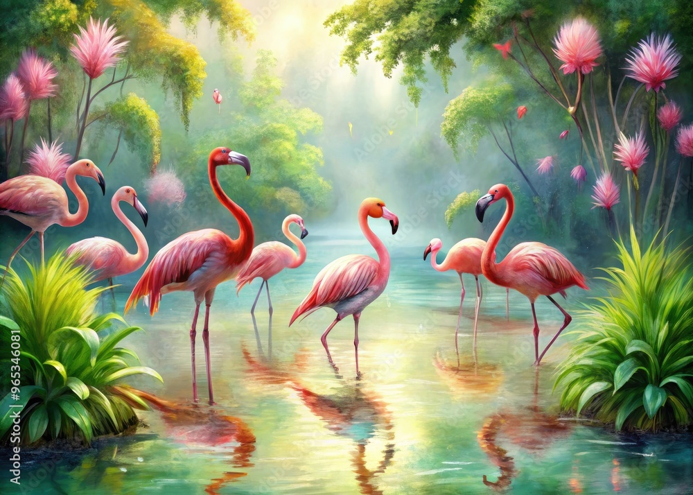 Fototapeta premium Vibrant pink flamingos wade through dreamy, soft-focus watercolor wetlands, surrounded by lush greenery and subtle brushstrokes, evoking a sense of serene tropical tranquility.