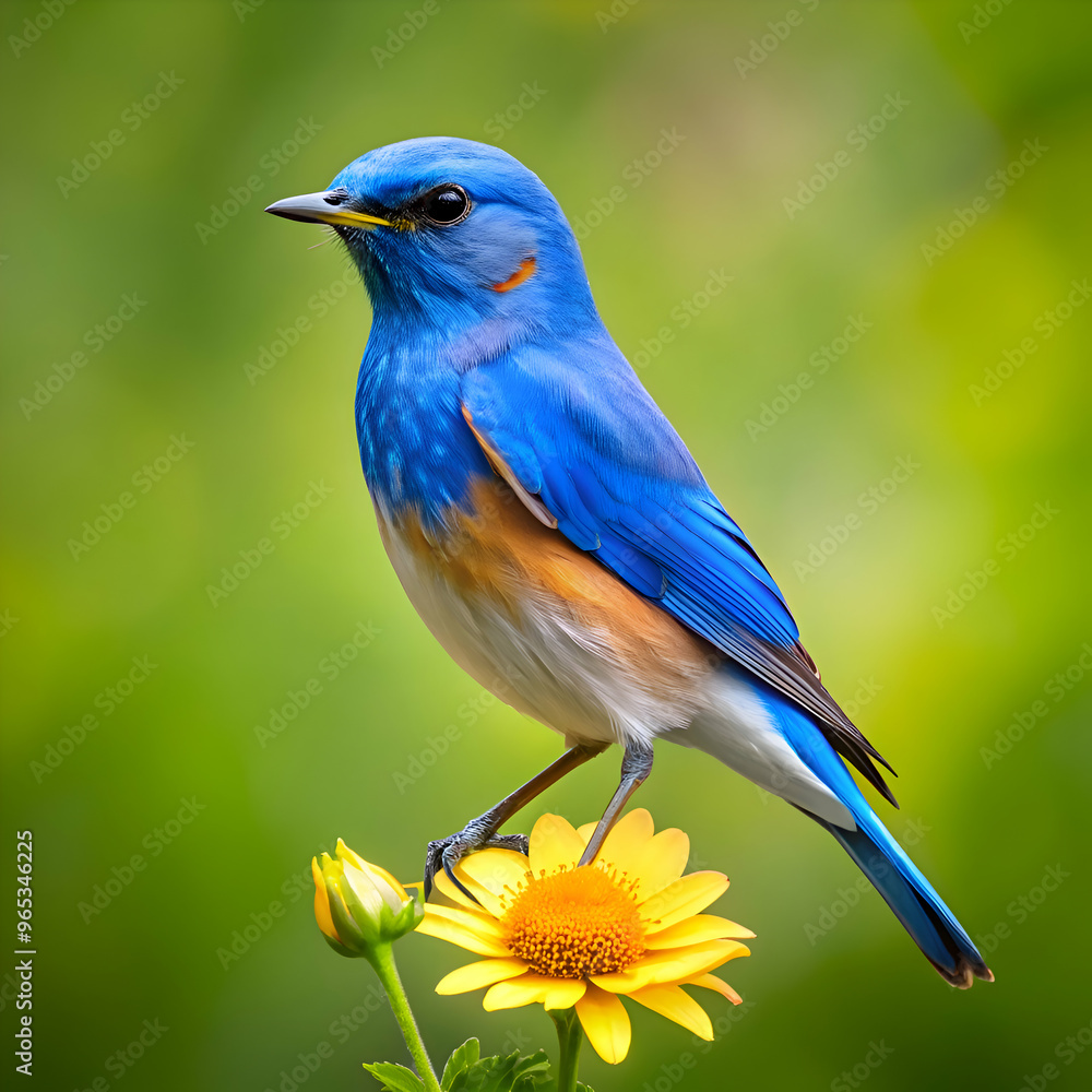 Obraz premium A blue bird sits on a flower with a green background
