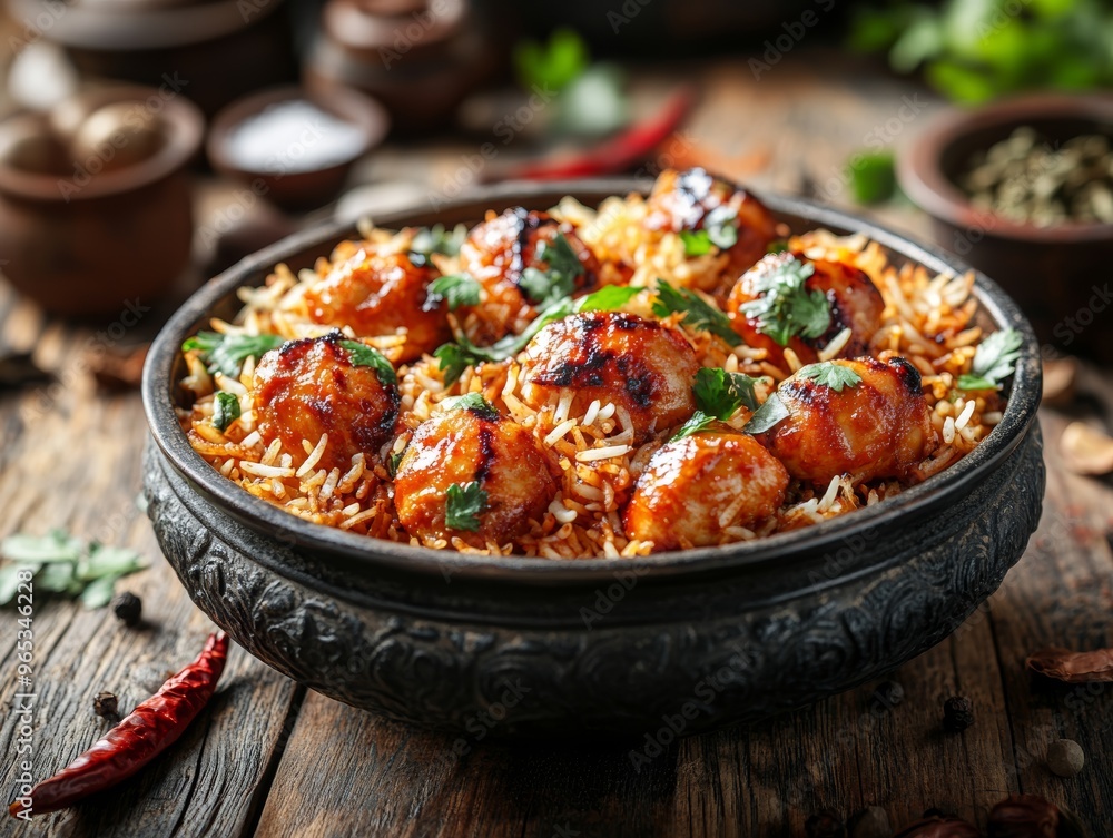 Delicious Chicken Biryani Dish with Golden Rice and Tender Chicken Pieces, Perfect for Food Blog or Restaurant Menu Generative AI Delicious Chicken Biryani Dish with Golden Rice and Tender Chicken Pieces, Perfect for Food Blog or Restaurant Menu Generative AI