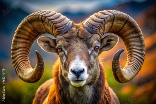 A powerful ram with curled horns, fueled by determination, embodies the unyielding spirit of the Aries zodiac sign as it charges forward. photo