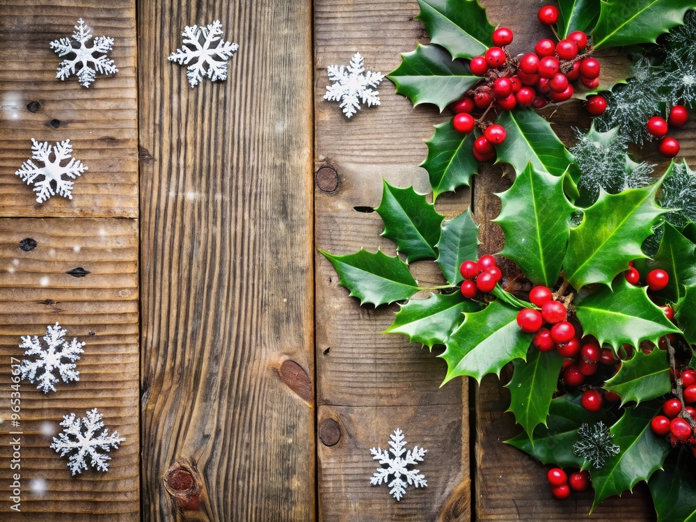 Vibrant red and green festive holly leaves, berries, and snowflakes adorn a rustic wooden background, perfect for a cozy and inviting holiday season greeting. Vibrant red and green festive holly leaves, berries, and snowflakes adorn a rustic wooden background, perfect for a cozy and inviting holiday season greeting.
