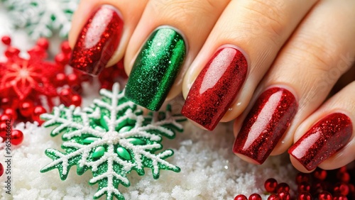 Vibrant red and green glittering festive holiday nail polish designs adorn beautifully manicured fingers against a soft, snowy white background with delicate winter snowflakes. photo