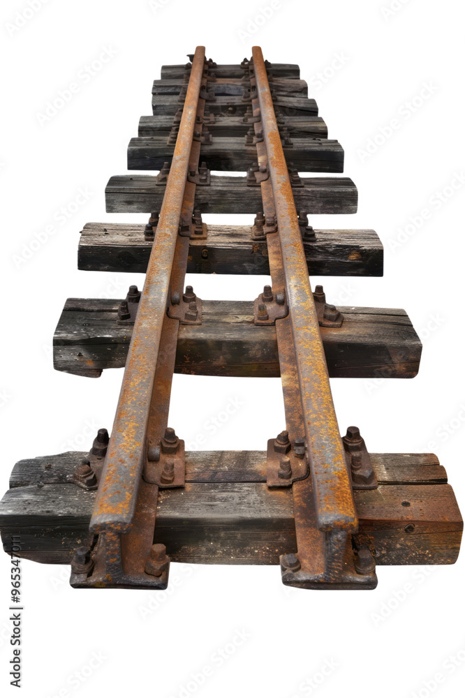 A close-up of an old railway track, isolated against a transparent background. A close-up of an old railway track, isolated against a transparent background.