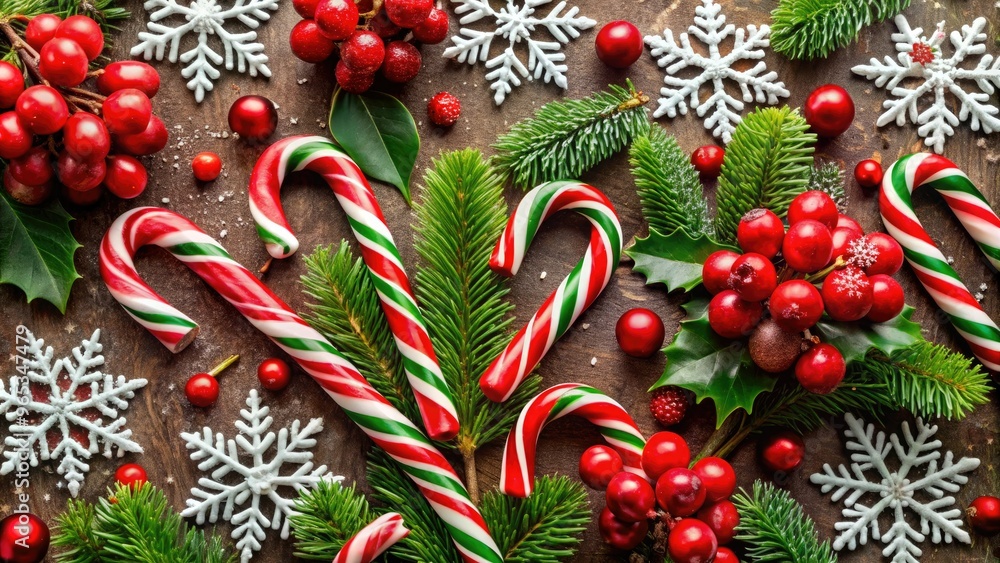 Vibrant red and white striped candy canes create a festive holiday background, surrounded by snowflakes, holly, and ornaments, evoking a joyful seasonal atmosphere. Vibrant red and white striped candy canes create a festive holiday background, surrounded by snowflakes, holly, and ornaments, evoking a joyful seasonal atmosphere.