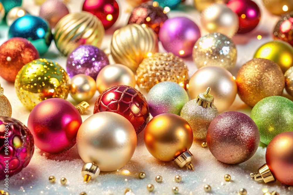 Vibrant, shimmering Christmas ornaments in assorted shapes and sizes scattered across a soft, creamy white background, evoking a festive holiday atmosphere and sparkling magic. Vibrant, shimmering Christmas ornaments in assorted shapes and sizes scattered across a soft, creamy white background, evoking a festive holiday atmosphere and sparkling magic.