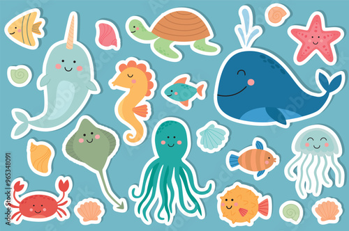 Set of cute stickers with sea animals. Vector illustration of cartoon ocean underwater characters. Blue isolated background