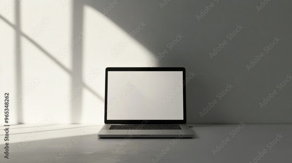 Closed Laptop with Blank Screen on a White Table with Window Shadows Closed Laptop with Blank Screen on a White Table with Window Shadows