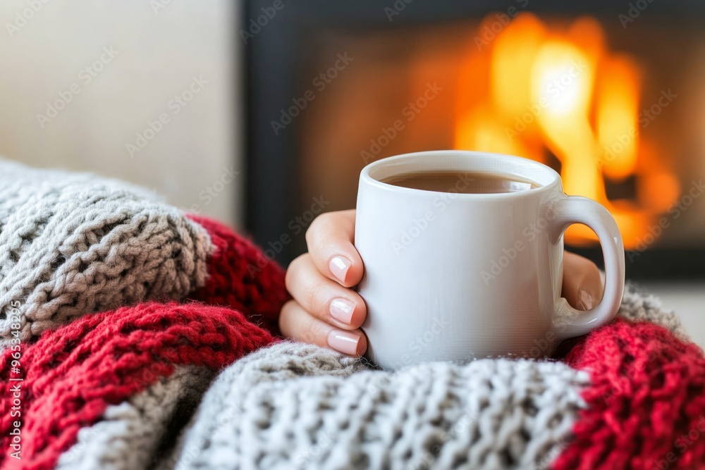 Hand holding white mug wrapped in cozy blanket, with glowing fireplace in background, evoking warmth and winter relaxation. Home comfort concept Hand holding white mug wrapped in cozy blanket, with glowing fireplace in background, evoking warmth and winter relaxation. Home comfort concept