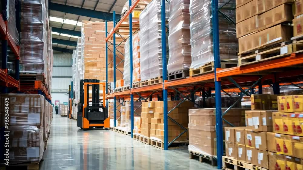 Forklift in a modern warehouse. Visualization of modern technologies in the warehouse of the factory. Forklift in a modern warehouse. Visualization of modern technologies in the warehouse of the factory.