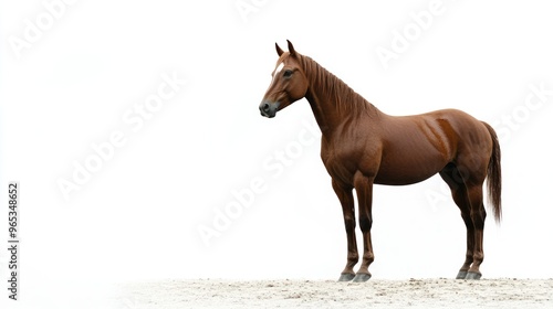 Chestnut Horse Standing on Sandy Ground Against a White Background