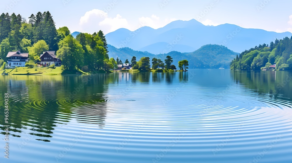 Serene lakeside view with gentle ripples and lush green trees in the background. Serene lakeside view with gentle ripples and lush green trees in the background.