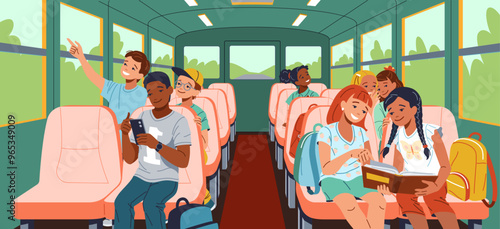 Upbeat multiracial understudies riding school transport level outline. Children in vehicle 2D characters cartoon foundation. Instruction scene vector picture