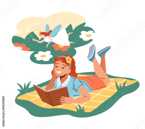 Dreaming girl reading book about fairies flat color vector illustration. Pretty junior schoolgirl spellbound by magic stories concept icon on white
