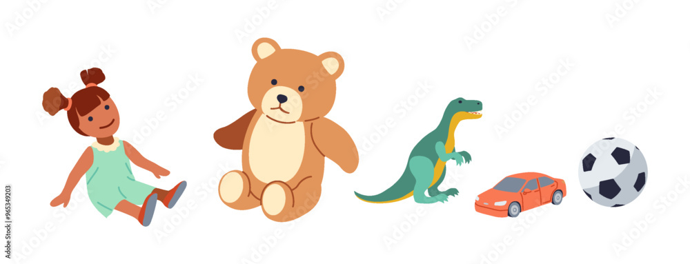 Children toys for boys and girls items flat color vector icon set. Cute figurines from kindergarten playroom objects illustration pack on white Children toys for boys and girls items flat color vector icon set. Cute figurines from kindergarten playroom objects illustration pack on white