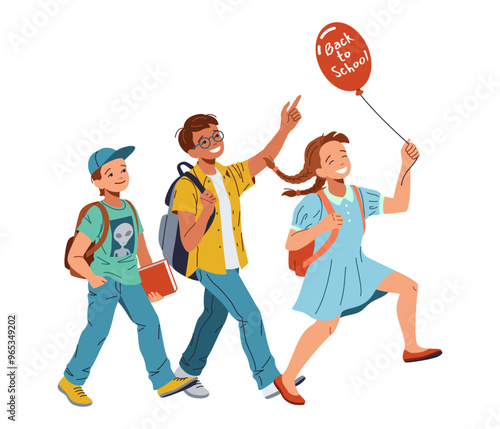 Happy kids with balloon walk to school flat color vector illustration. Cheerful junior schoolchildren with backpacks cartoon composition on white