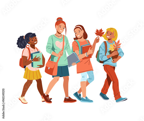 Smiling diverse girls with school supplies flat color vector illustration. Schoolgirl of different ages together cartoon composition on white